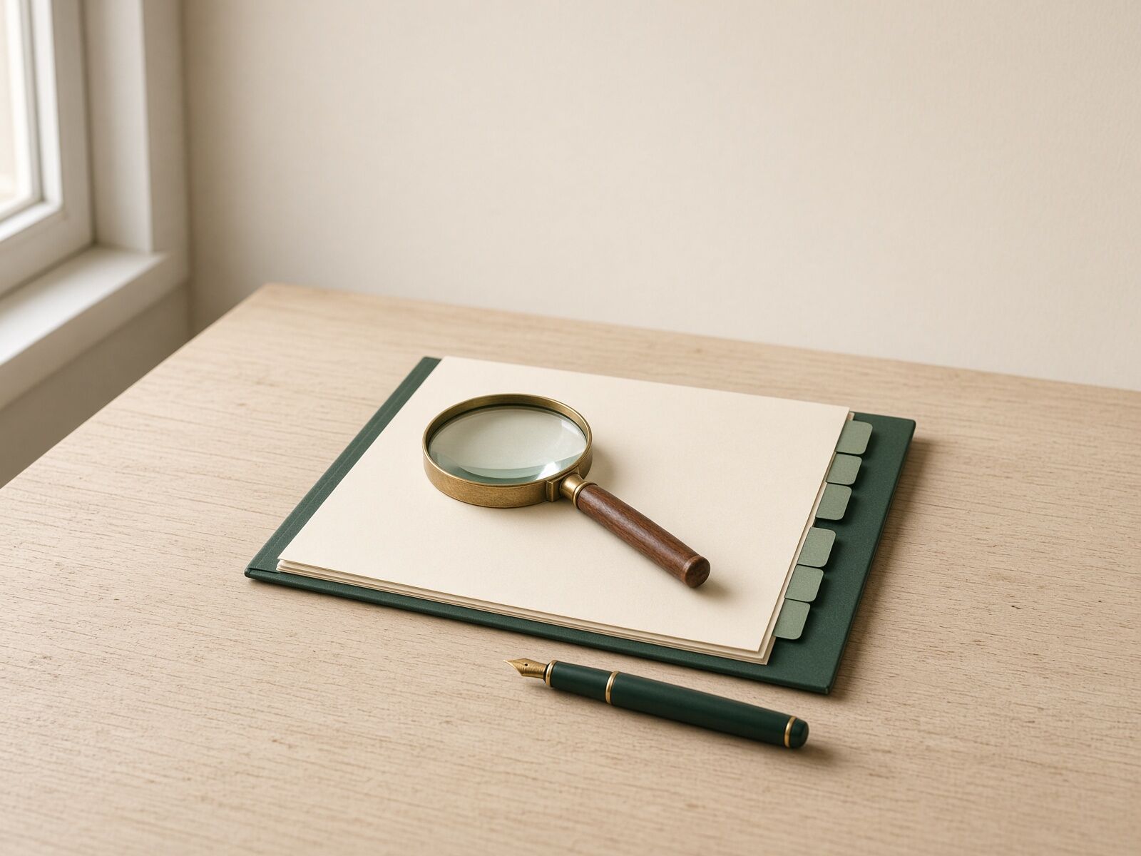 How this business works: an open green folder of blank tabbed pages on a desk with a magnifying glass resting on the page and a fountain pen beside it.