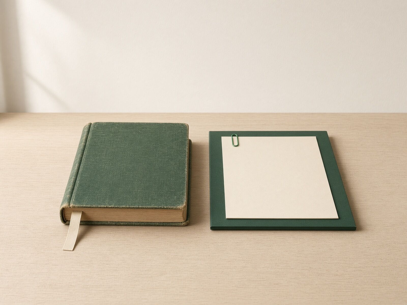 Two eras of the same business on one desk: a worn cloth-bound green ledger beside a new green folder holding a blank sheet under a paper clip.