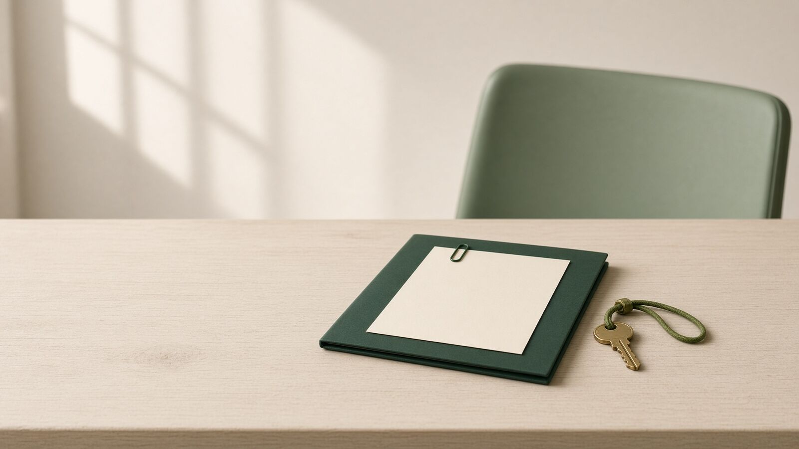 A closed green folder with a blank sheet clipped to it and a brass house key on a green cord, side by side on an empty desk, the business owner's own files and own access.