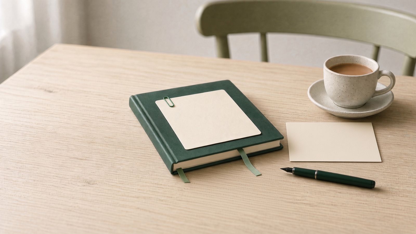 Agentic finance for a small business: the month's readout clipped to a closed ledger beside a pen and a coffee.