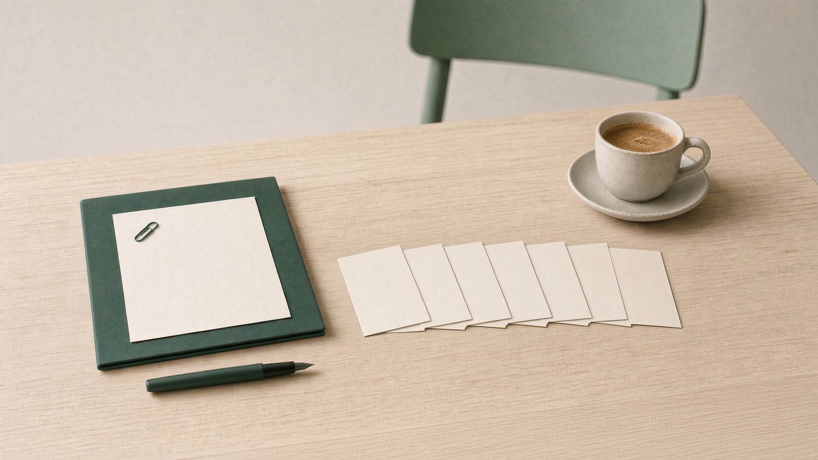 A week of drafts, in your voice, waiting on your approval. Agentic marketing for a small business: a week of drafted posts fanned out on a table beside the voice file they were written from.