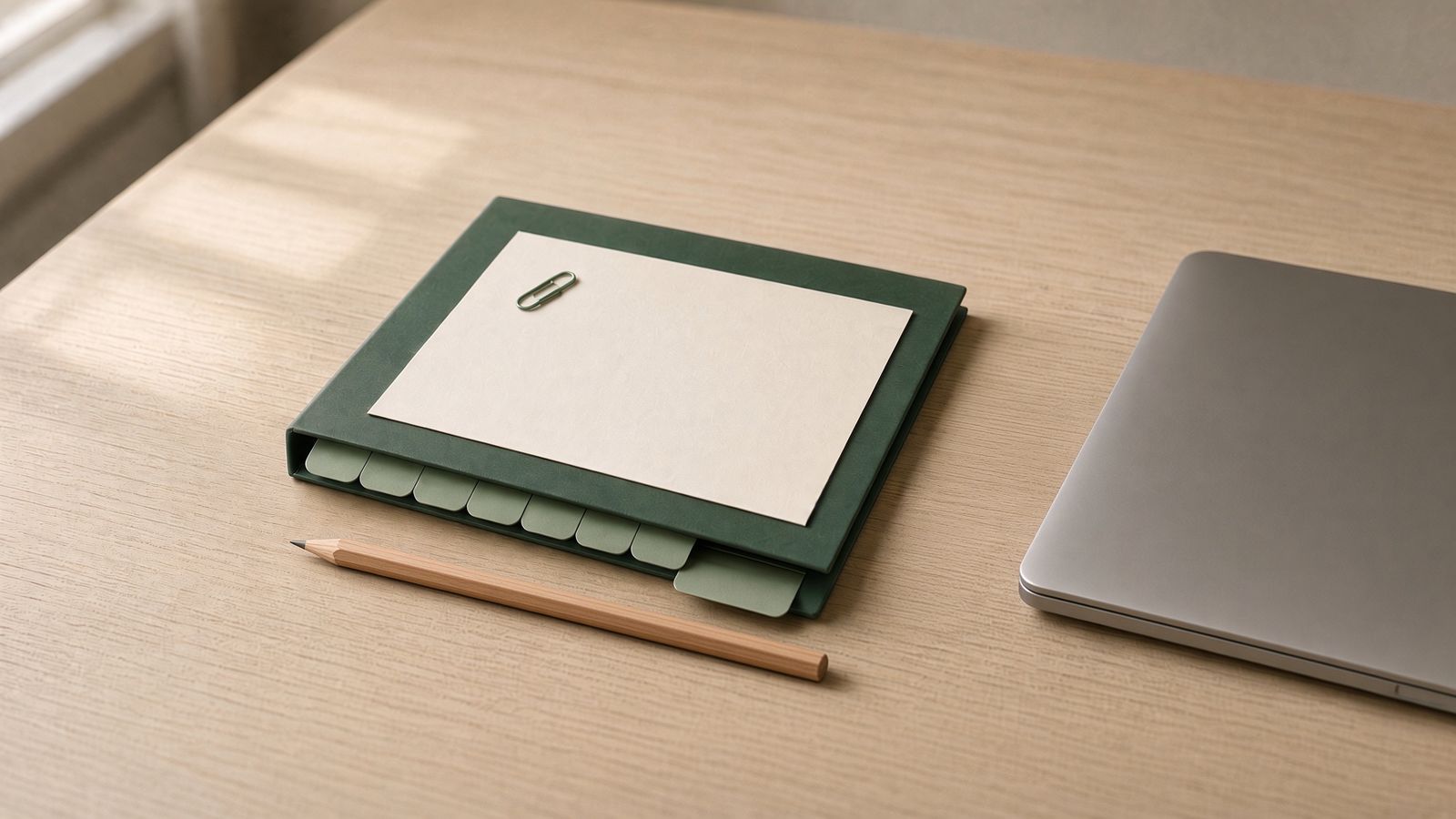 Agentic operations for a small business: the day's report drafted in a tabbed binder beside a laptop that is still closed.