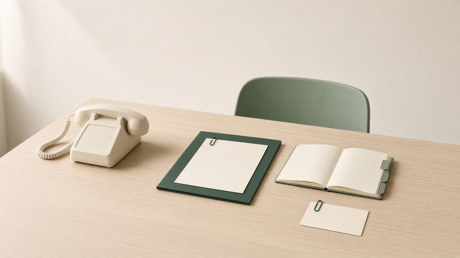 The phone answered from your rules, the message left for you. An AI voice agent for a small business: a desk phone beside an open tabbed knowledge base, with the message taken and left on the desk.