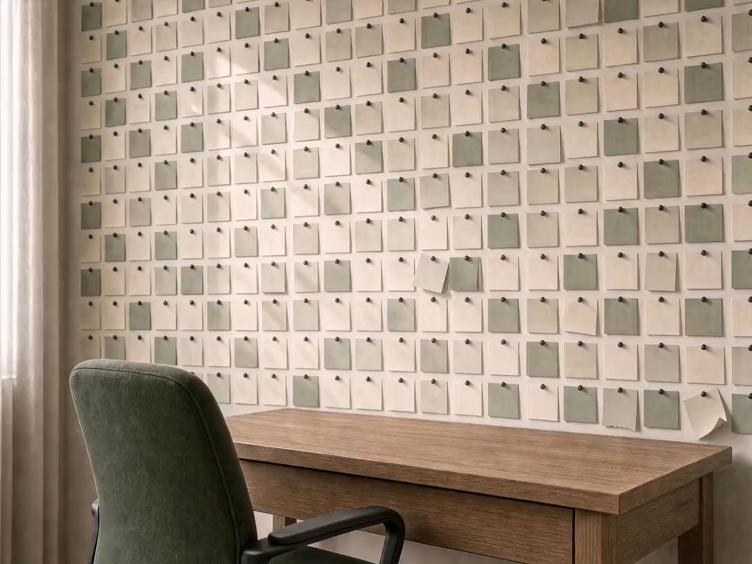 A small business knowledge base before it is written down: every rule on sticky notes above an empty owner-operator's desk.