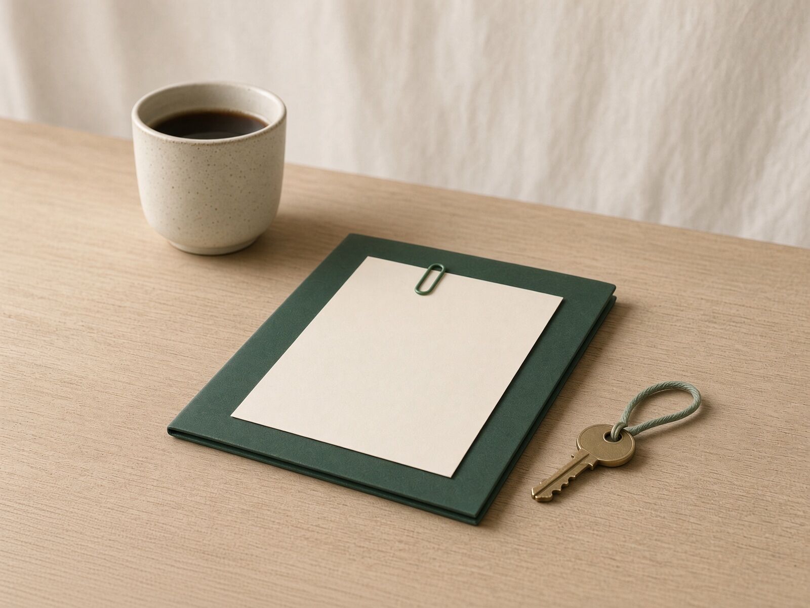 One builder, one desk A slim deep green folder with a blank cream sheet held by a paper clip, a brass house key on a sage cord beside it and a mug of coffee behind, on the desk of the one person who runs the business.