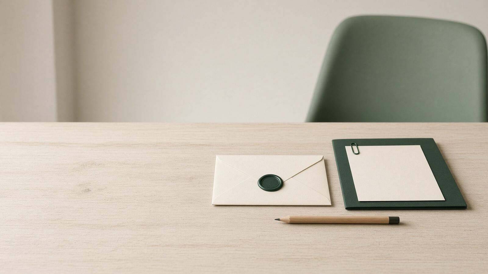 One inbox, one person A sealed cream envelope with a green wax seal next to a green folder holding a blank sheet under a paper clip, on an empty desk with one chair, the single inbox a small business is reached through.