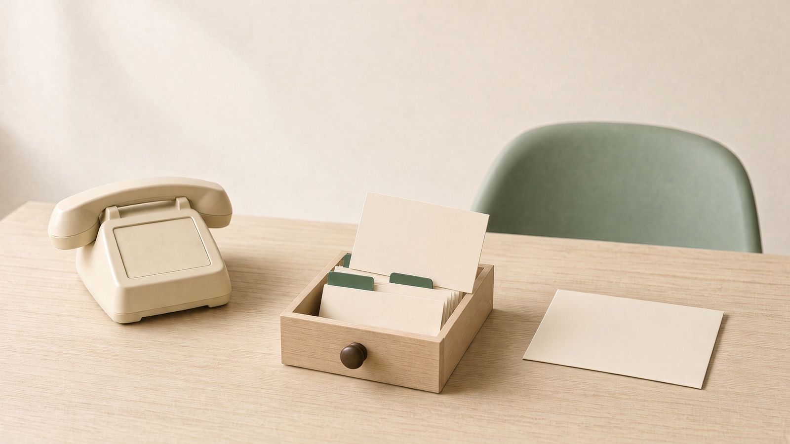 Records that update themselves from conversations you already had. A CRM for a small business: a card-index drawer beside a desk phone, one record just filed from the call without anyone retyping it.