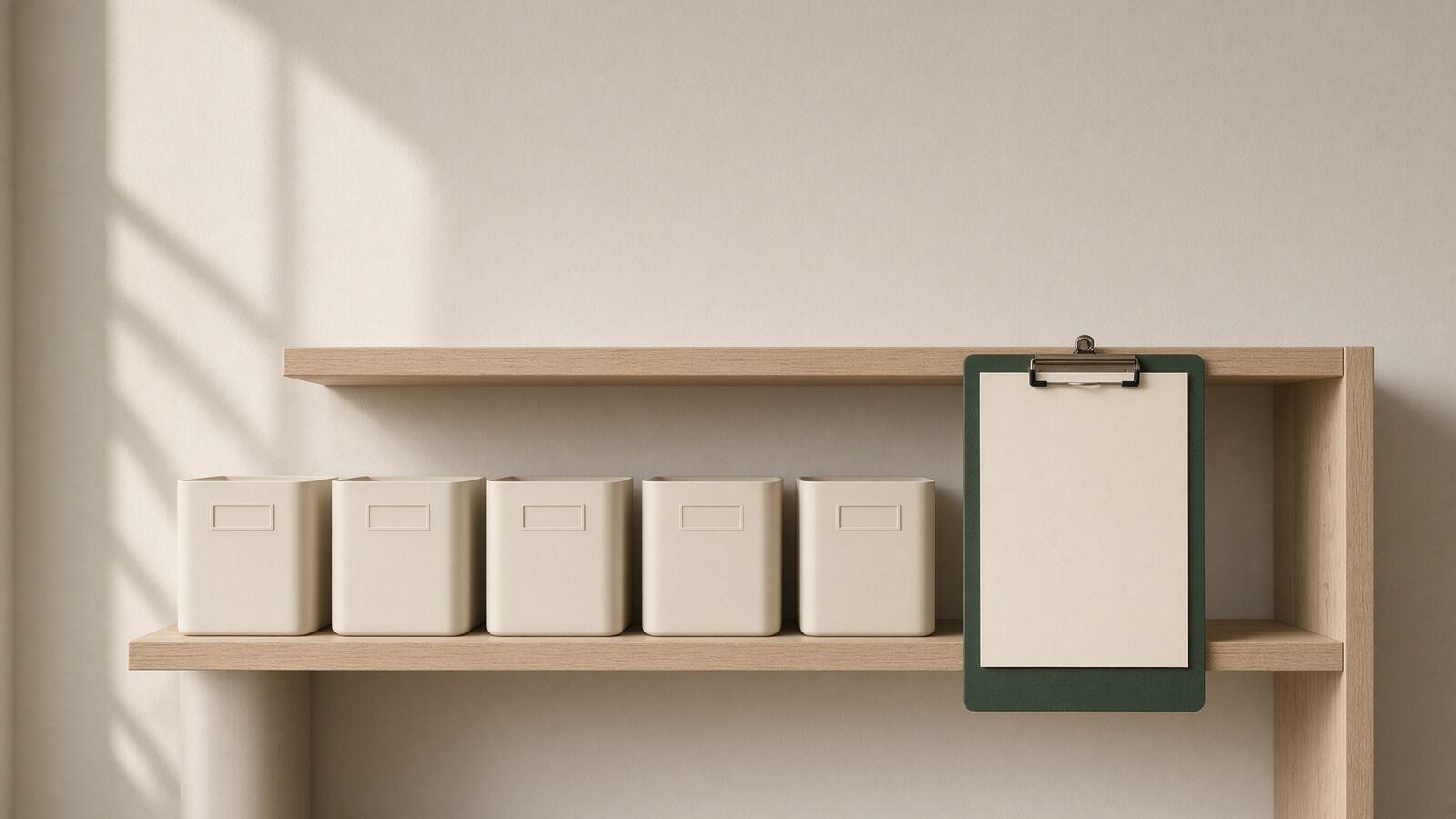 A small online store's stockroom shelf: a row of plain cream parts bins with blank label plates, and a deep green clipboard holding one blank sheet hanging on the shelf edge.