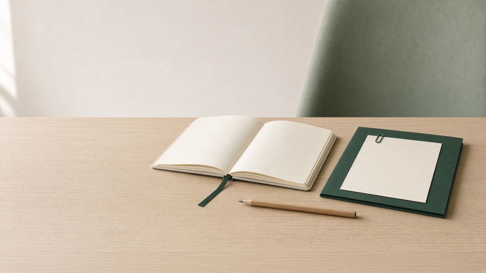 Straight answers, written down and left open for anyone to read. A small-business guides hub as a desk: a notebook left open on blank pages with a green ribbon, a green folder with a blank sheet clipped to it, and a pencil laid in front.