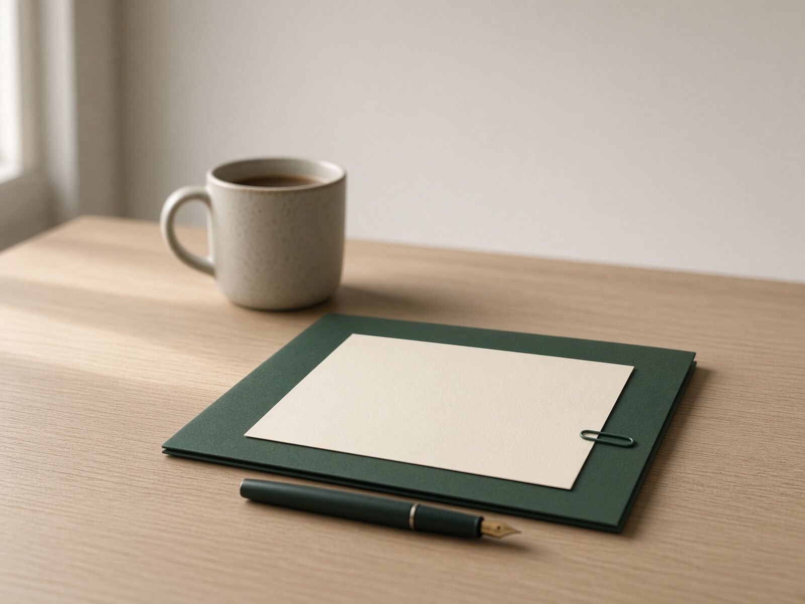 The weekly rhythm of a small business build: a green folder on a desk holding the week's blank drafted page under a green paper clip, a fountain pen beside it for the owner's approval, and a mug of coffee soft behind from the call.