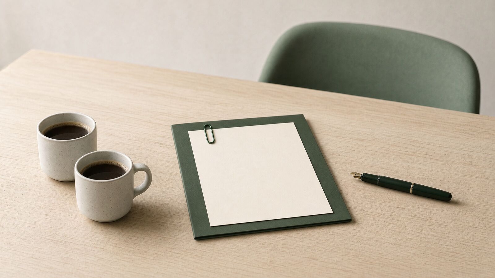 We talk, I build, you approve, on one weekly rhythm. How a Bamboo Digital engagement runs: two coffee mugs from the weekly call, the week's build as a blank sheet clipped to a green folder, and a fountain pen waiting for the owner's approval.
