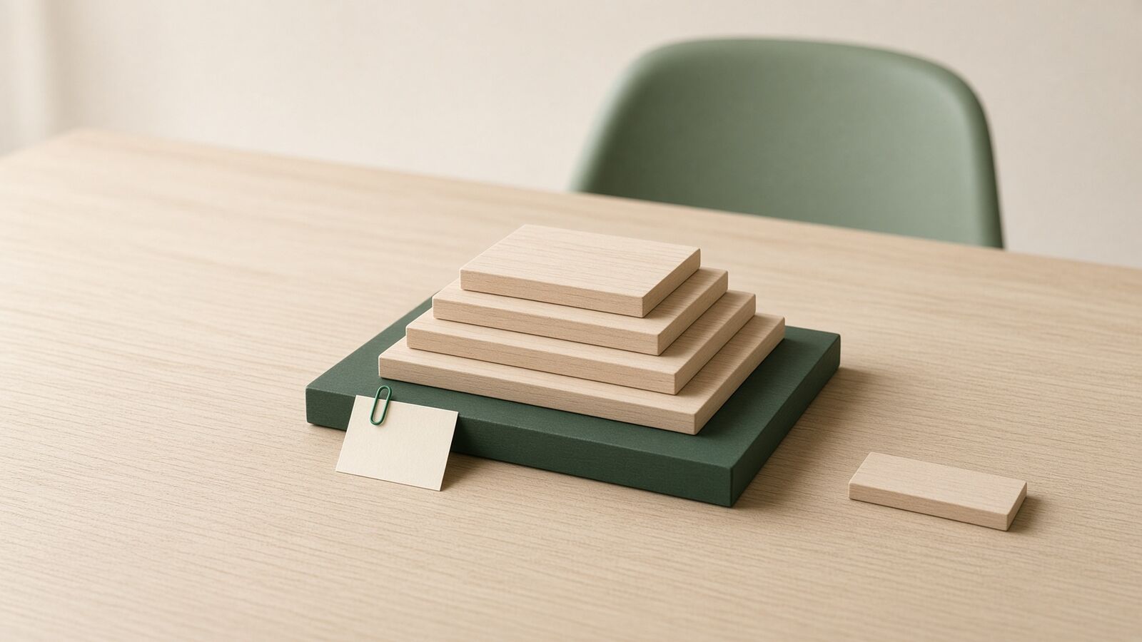 One layer at a time, on the same foundation On a small-business desk, four pale wooden boards are stacked on one deep green base board with a blank sheet clipped to its front, and a fifth board waits beside the stack.