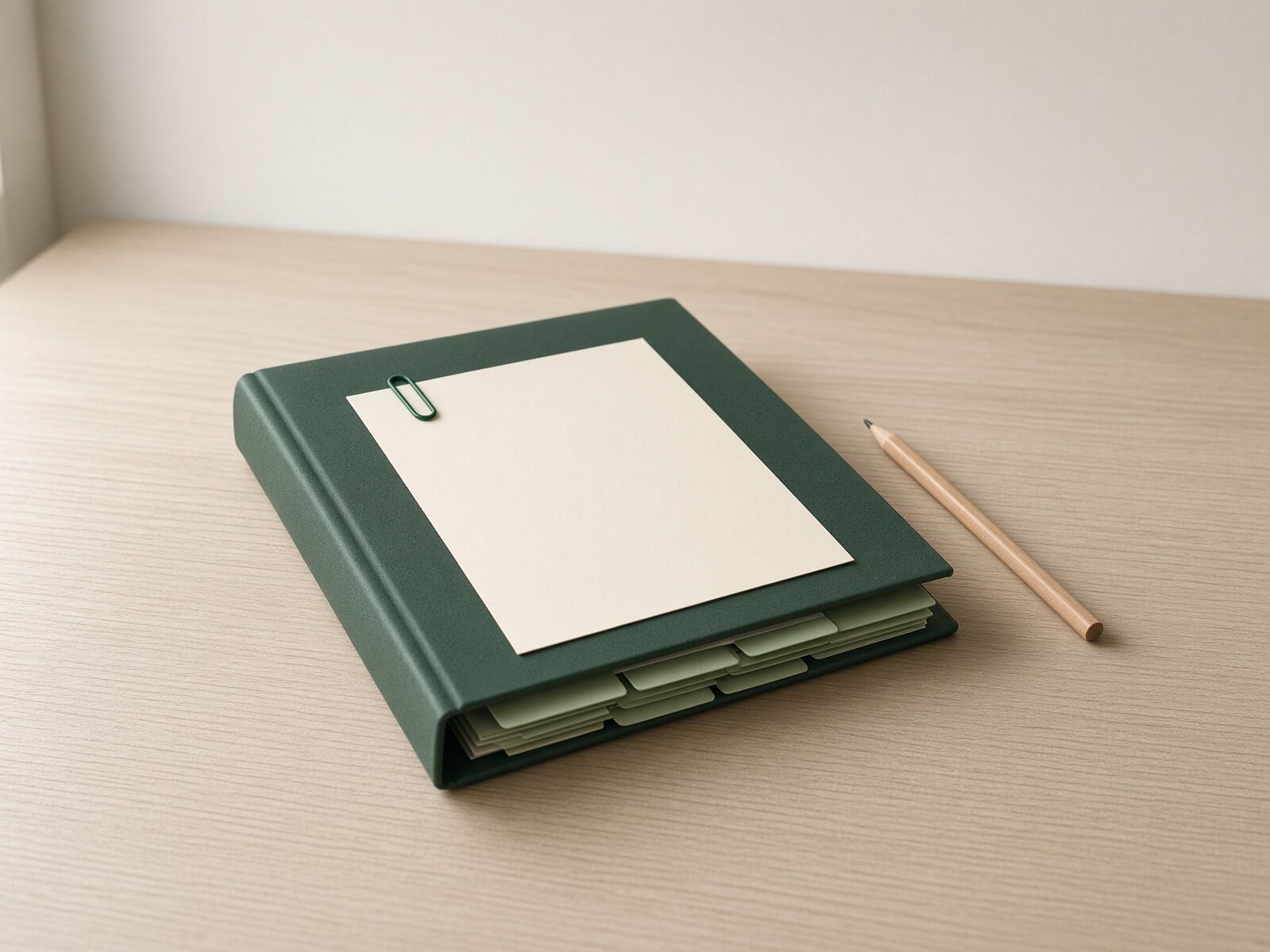 The foundation is month one. Month one of a small-business engagement: one deep green ring binder lying closed and alone on a desk with blank sage tabs, a blank sheet clipped on top, and a pencil beside it.