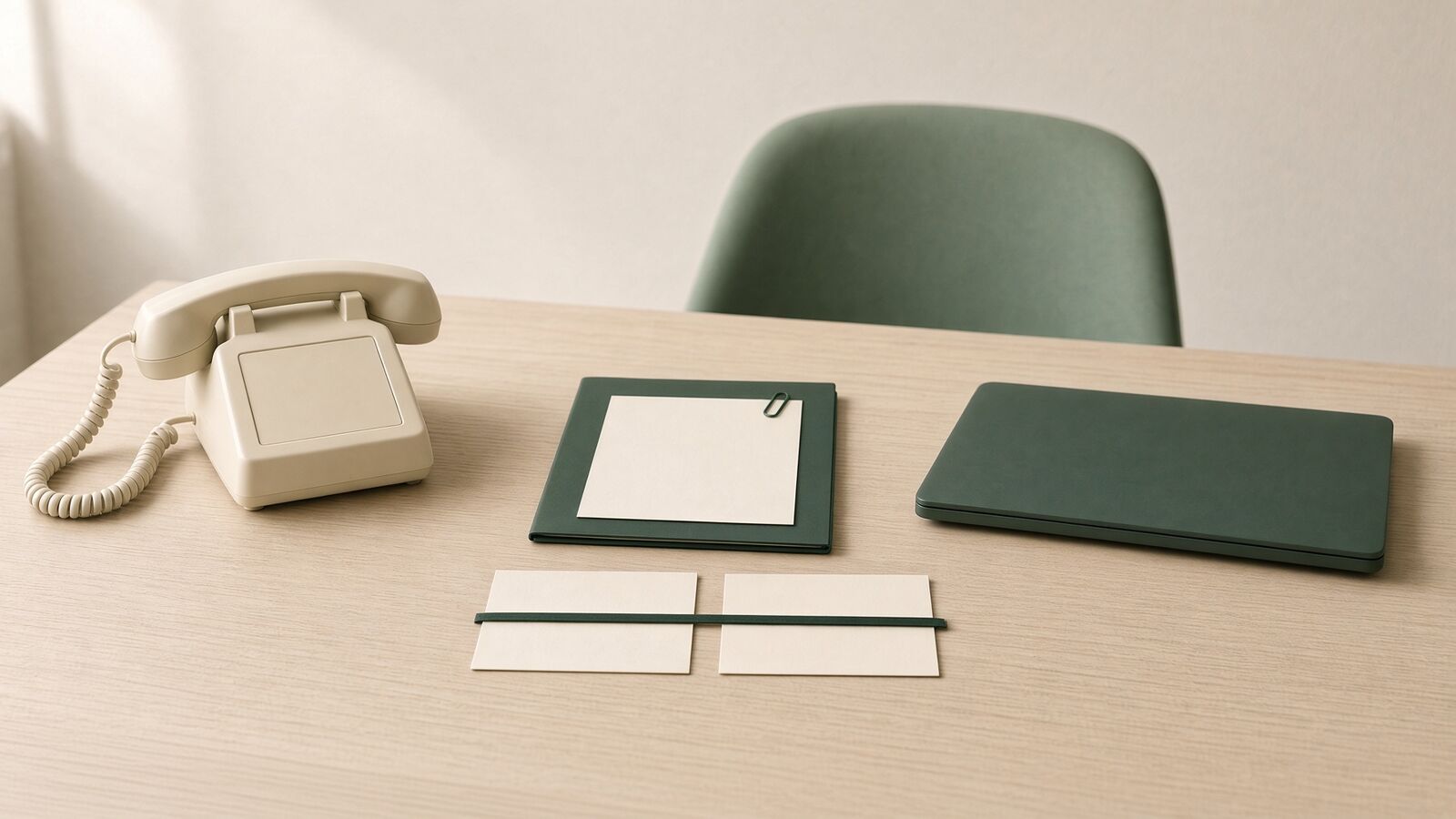 A small-business website and its phone line saying the same thing: two matching blank cards joined by a green cord, the knowledge-base folder behind them, a desk telephone on one side and a closed laptop on the other.